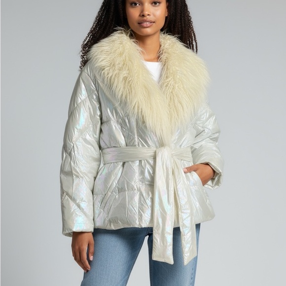 Jackets & Blazers - Iridescent White Fur Collar Jacket